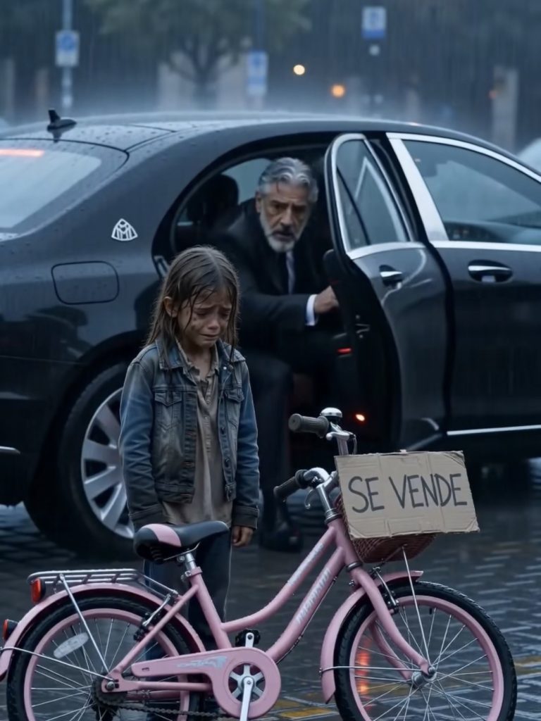 Una niña permanece bajo una fuerte lluvia junto a su bicicleta con un cartel de “SE VENDE”.