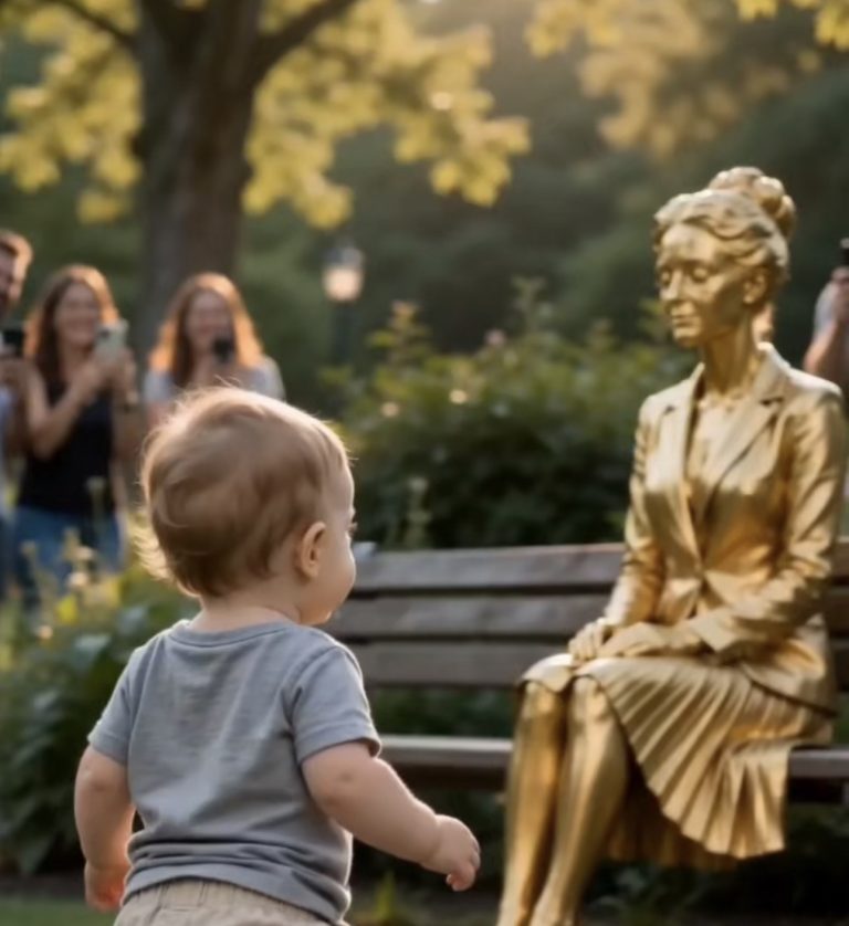Un bebé se acercó con curiosidad a una estatua viviente completamente cubierta de pintura dorada.