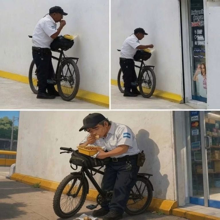 Un guardia de seguridad fue captado comiendo junto a su vieja bicicleta y la razón detrás de aquella escena conmovió a todos